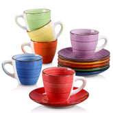 Bonita Multicolor Cups and Saucers Set of 6 - vibrant rainbow colors, spiral design - handmade - perfect for black coffee-vancasso