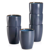 Set of 6 bubble stoneware mugs in rich blue - green - and brown tones with reactive glaze and matte black exterior - ideal for coffee - tea - or cozy mornings - Blue