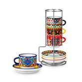 Lumi 6 piece 3oz porcelain coffee cup and saucer set with vibrant pattern Bohemian design on a rustic wooden table