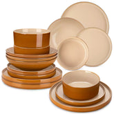 Assorted family dinnerware on wooden table brown stoneware soup bowl pasta with shrimp fruit tart and bread perfect for everyday meals