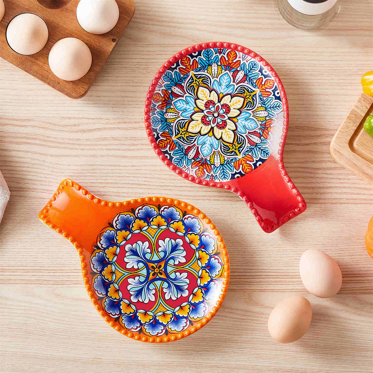 Set Of Two Flame Red Porcelain Spoon Rests—Functional Kitchen Accessories That Double As Vibrant Decorative Accents With Bohemian Flair.