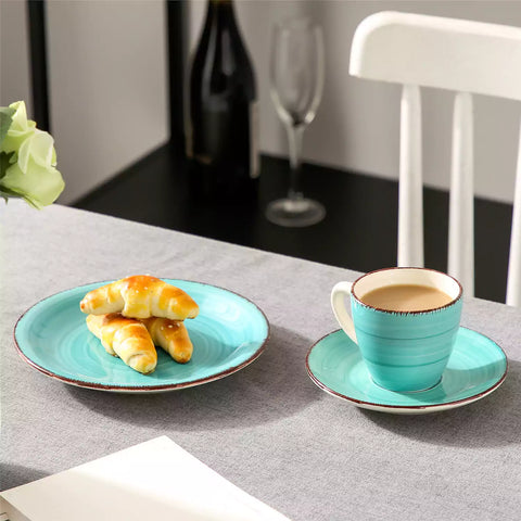 Steaming coffee served in colorful spiral stoneware cups and saucers-handmade vintage design - B