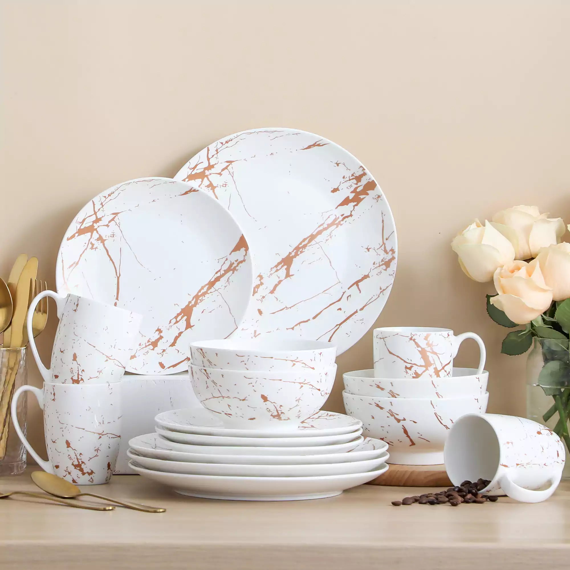 Lovecasa 16-Piece Gold Splash Dinnerware Set Combining Elegance And Functionality For Any Dining Occasion - White