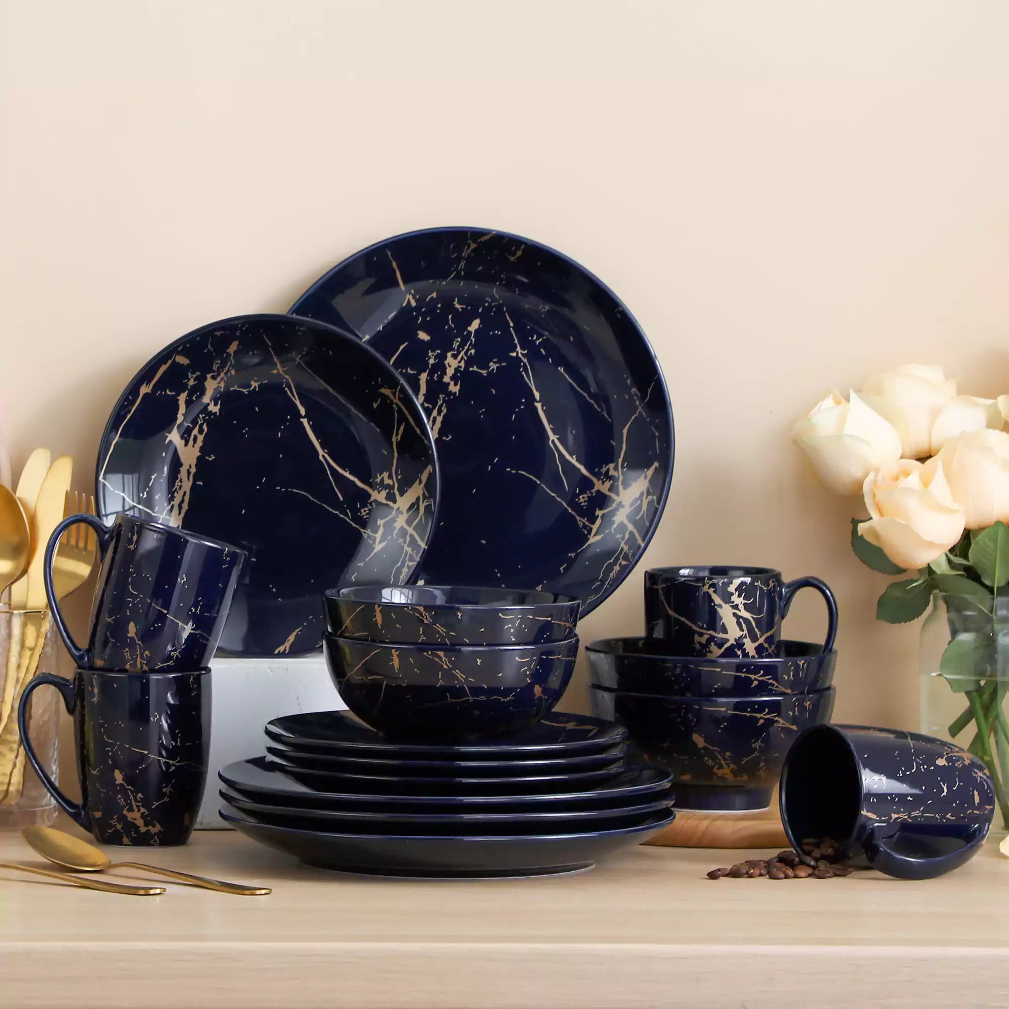 Lovecasa 16-Piece Gold Splash Dinnerware Set Combining Elegance And Functionality For Any Dining Occasion - Navy Blue