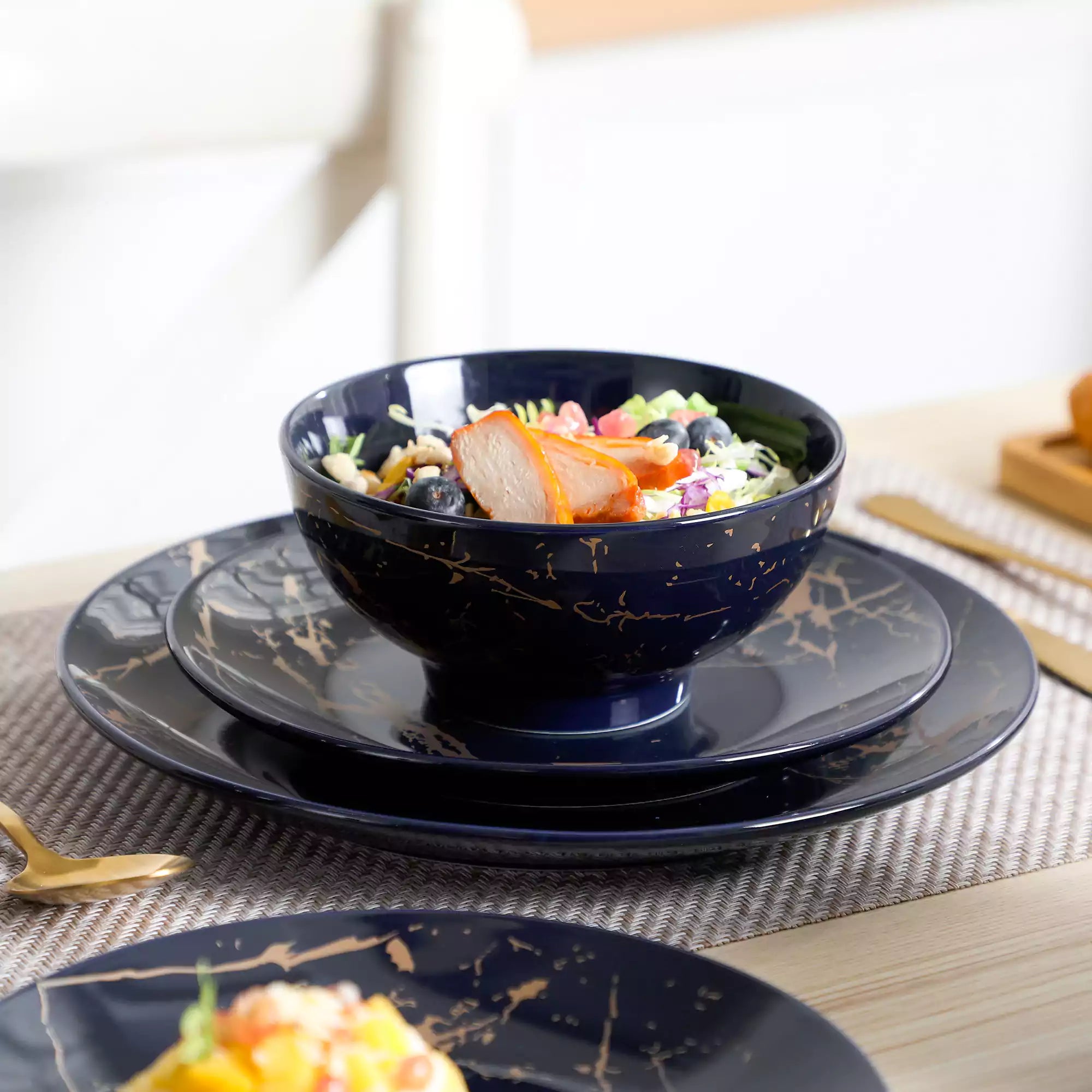Lovecasa 16-Piece Gold Splash Dinnerware Set Combining Elegance And Functionality For Any Dining Occasion - Navy Blue