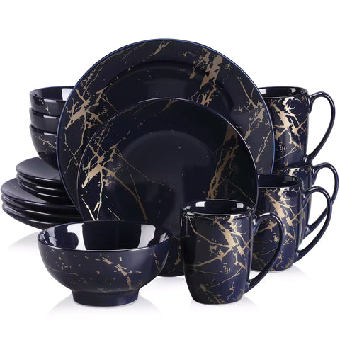 Lovecasa 16-Piece Gold Splash Dinnerware Set Combining Elegance And Functionality For Any Dining Occasion - Navy Blue