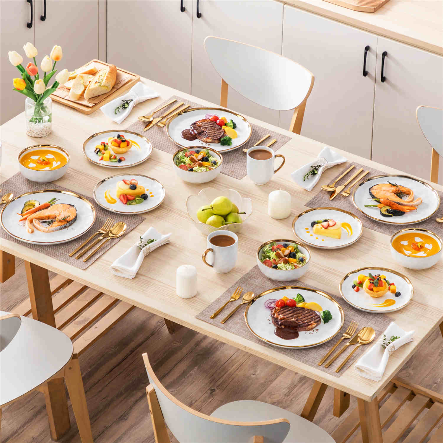 Lovecasa 16-Piece Dinnerware Set With Gold Trim Made Of Durable Porcelain Perfect For Elegant Dining And Everyday Use - White