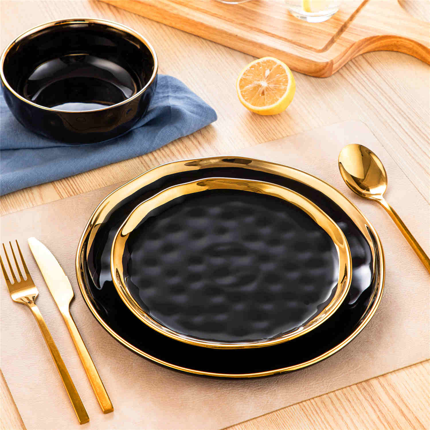 LOVECASA Gold Trim 12 Piece Dinnerware Set in Black - Includes Plates And Bowls - Stackable And Dishwasher Safe