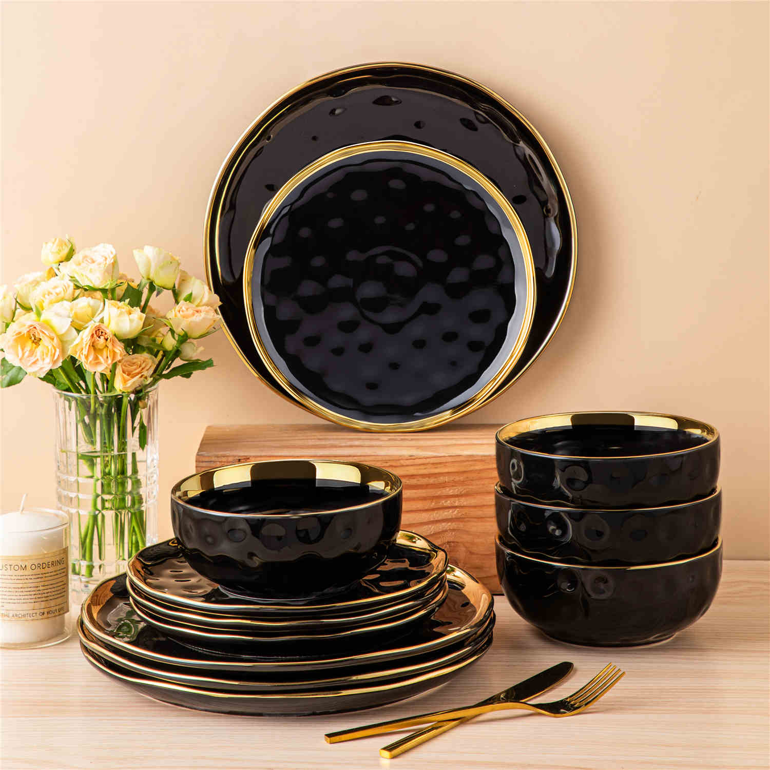 LOVECASA Gold Trim 12 Piece Dinnerware Set in Black - Includes Plates And Bowls - Stackable And Dishwasher Safe