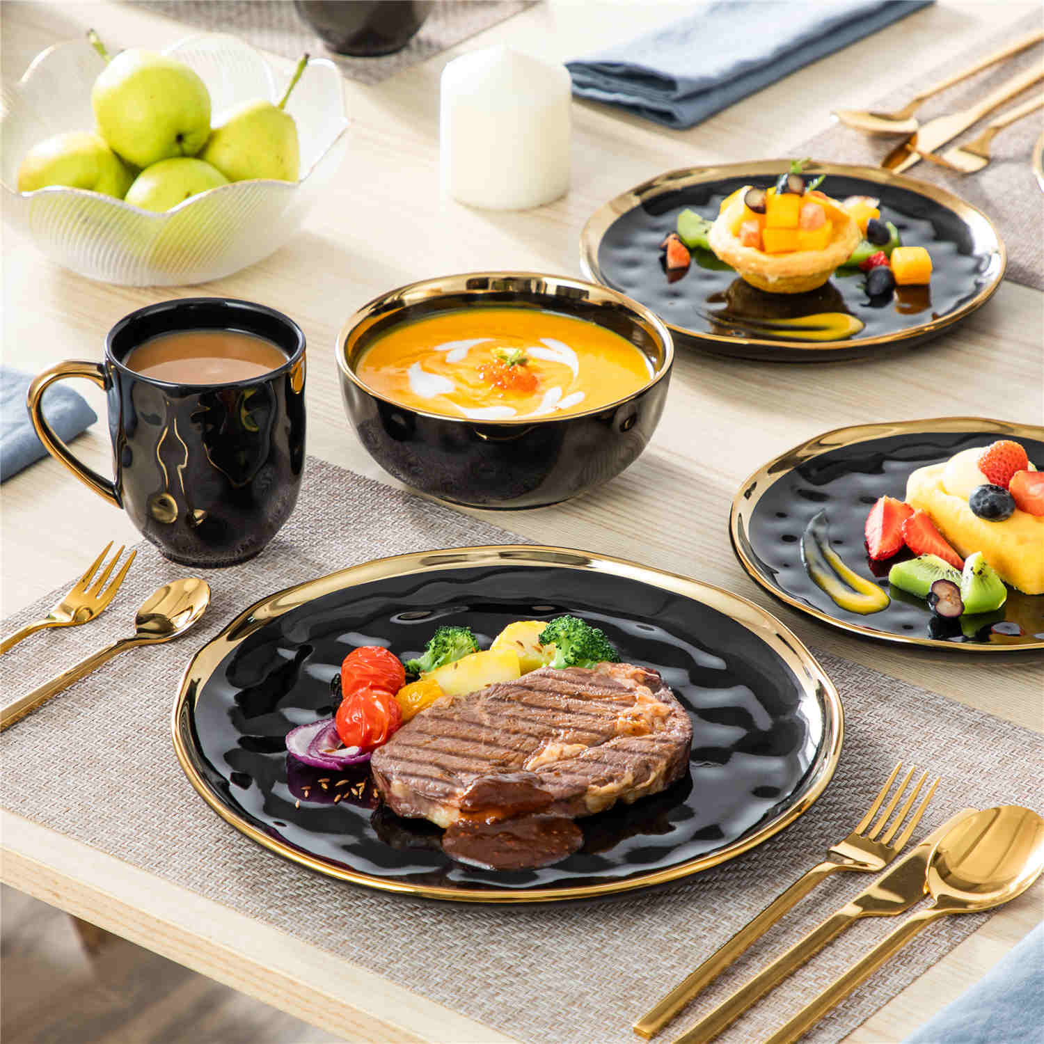 Lovecasa 16-Piece Dinnerware Set With Gold Trim Made Of Durable Porcelain Perfect For Elegant Dining And Everyday Use - Black