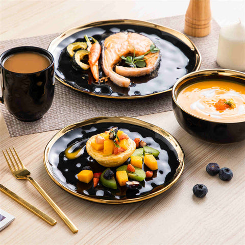 Lovecasa 16-Piece Dinnerware Set With Gold Trim Made Of Durable Porcelain Perfect For Elegant Dining And Everyday Use - Black