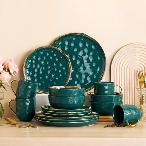 Lovecasa 16-Piece Dinnerware Set With Gold Trim Made Of Durable Porcelain Perfect For Elegant Dining And Everyday Use - Green