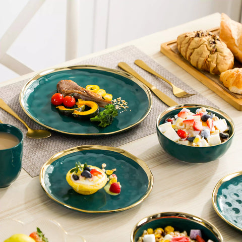 Lovecasa 16-Piece Dinnerware Set With Gold Trim Made Of Durable Porcelain Perfect For Elegant Dining And Everyday Use - Green