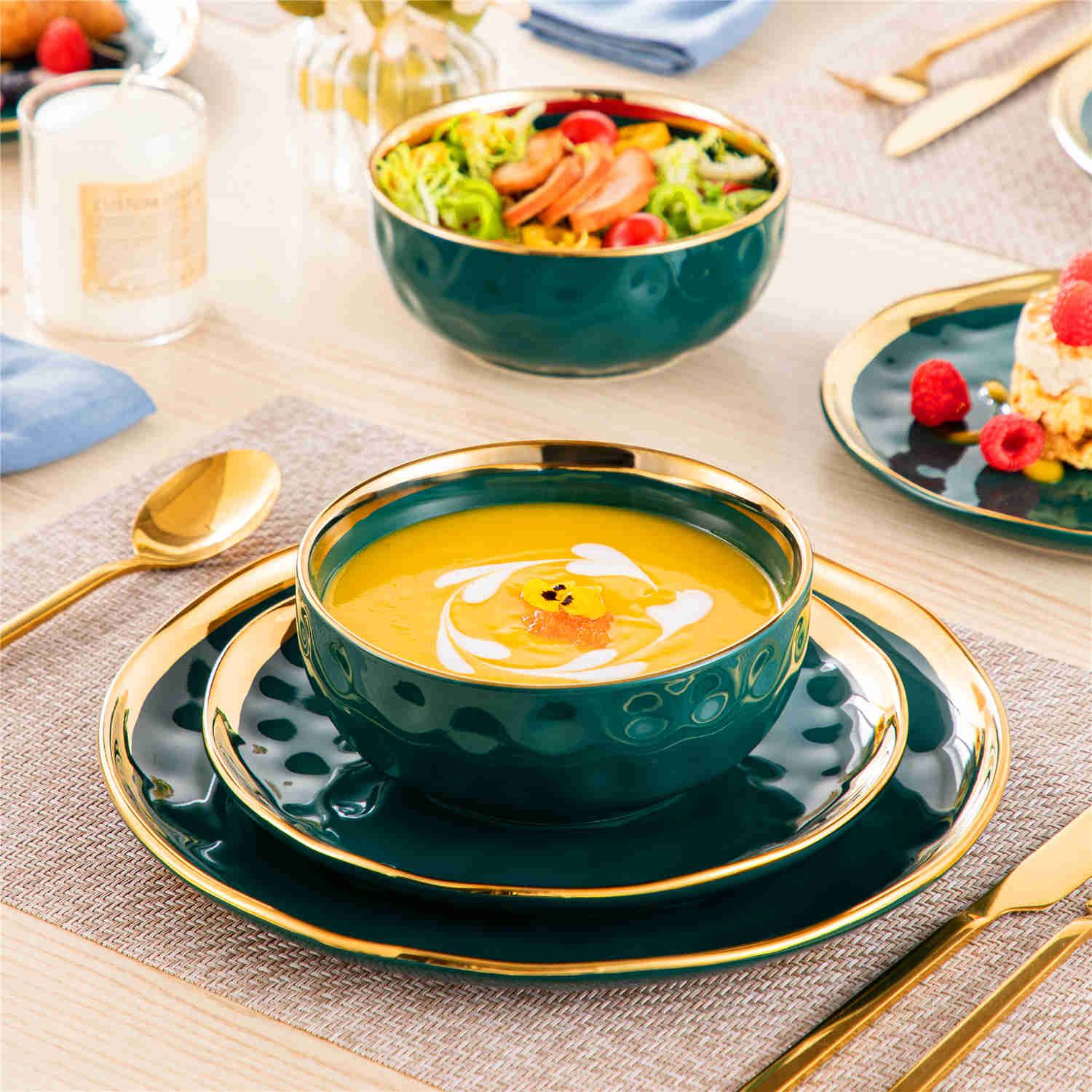 LOVECASA Gold Trim 12 Piece Dinnerware Set in Green - Includes Plates And Bowls - Stackable And Dishwasher Safe