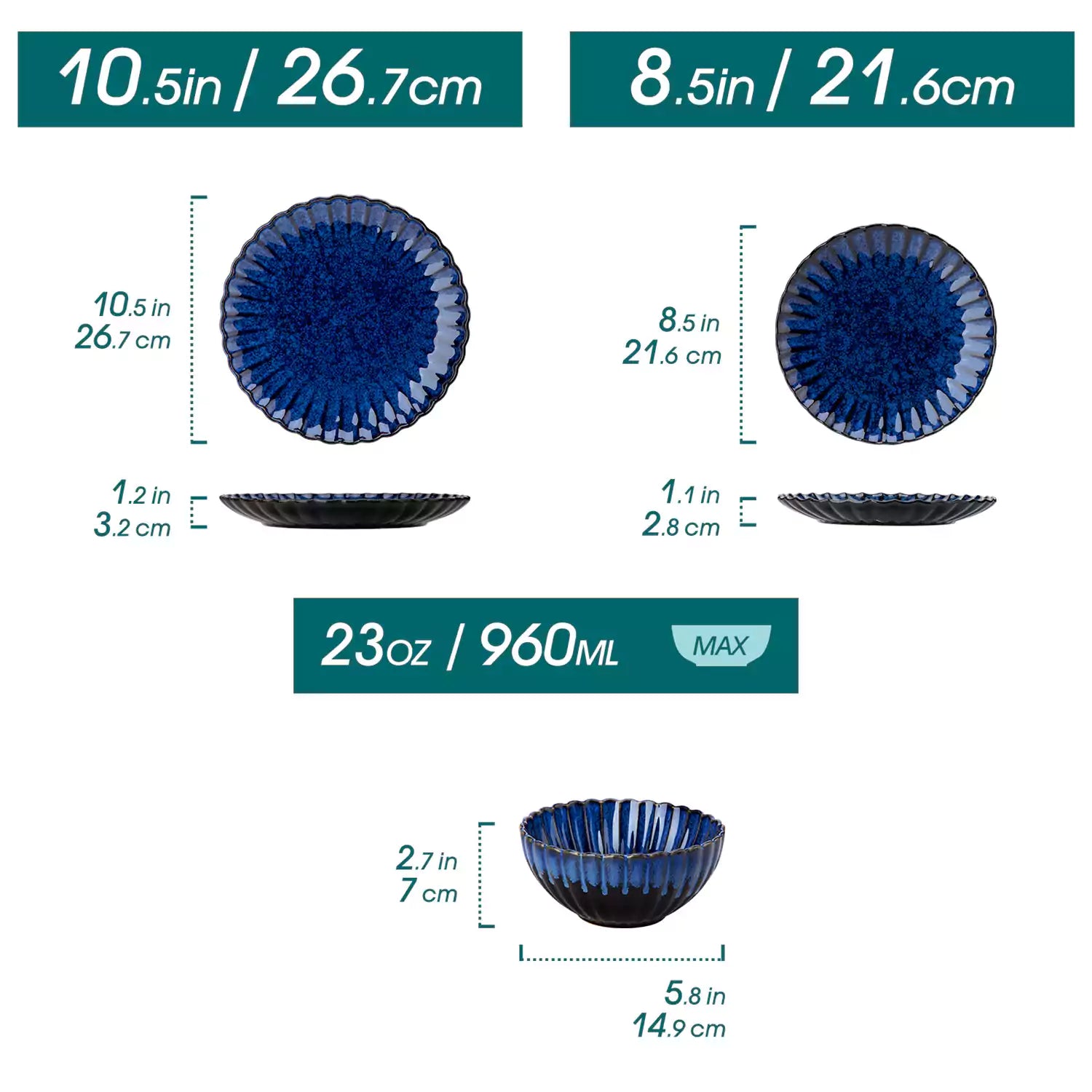 Blue reactive glaze stoneware bowls and plates from the Adonis 12 piece set with brown placemats and fresh flowers