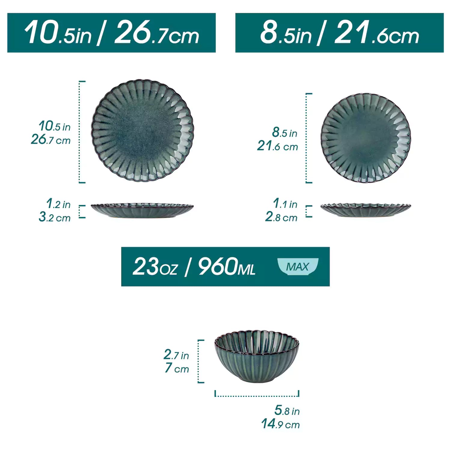 Green reactive glaze stoneware bowls and plates from the Adonis 12 piece set with brown placemats and fresh flowers