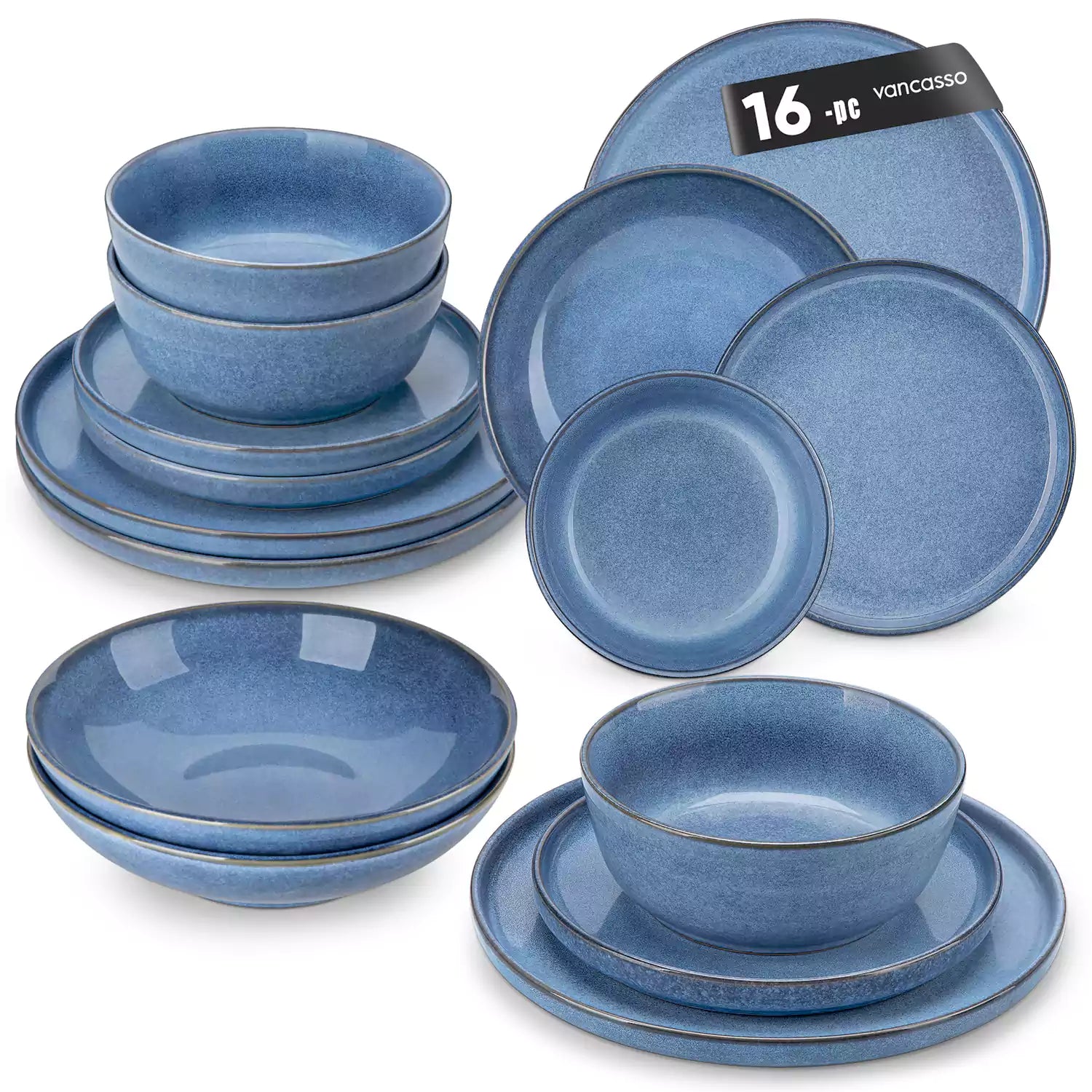 Handcrafted blue stoneware with reactive glaze on woven placemats - perfect for farmhouse tables