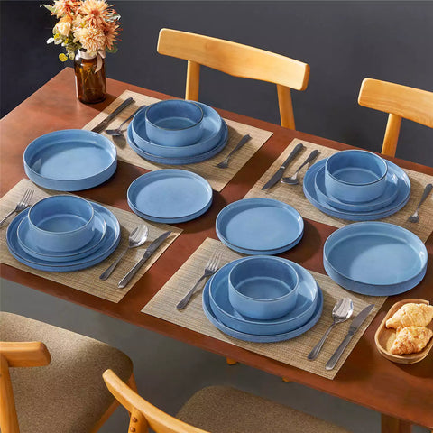 Anya 16 piece straight edge stoneware dinner set in blue with pasta soup and pastries on a modern farmhouse table