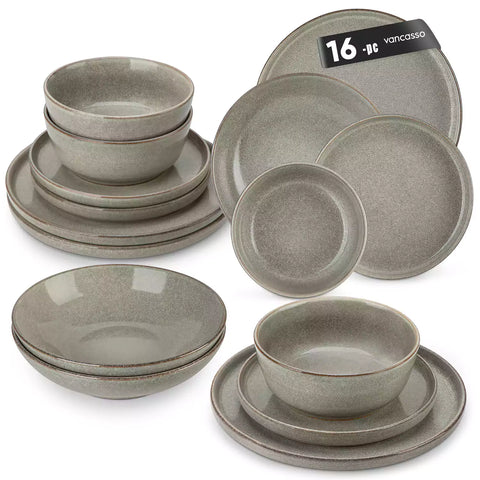 Handcrafted brown stoneware with reactive glaze on woven placemats - perfect for farmhouse tables