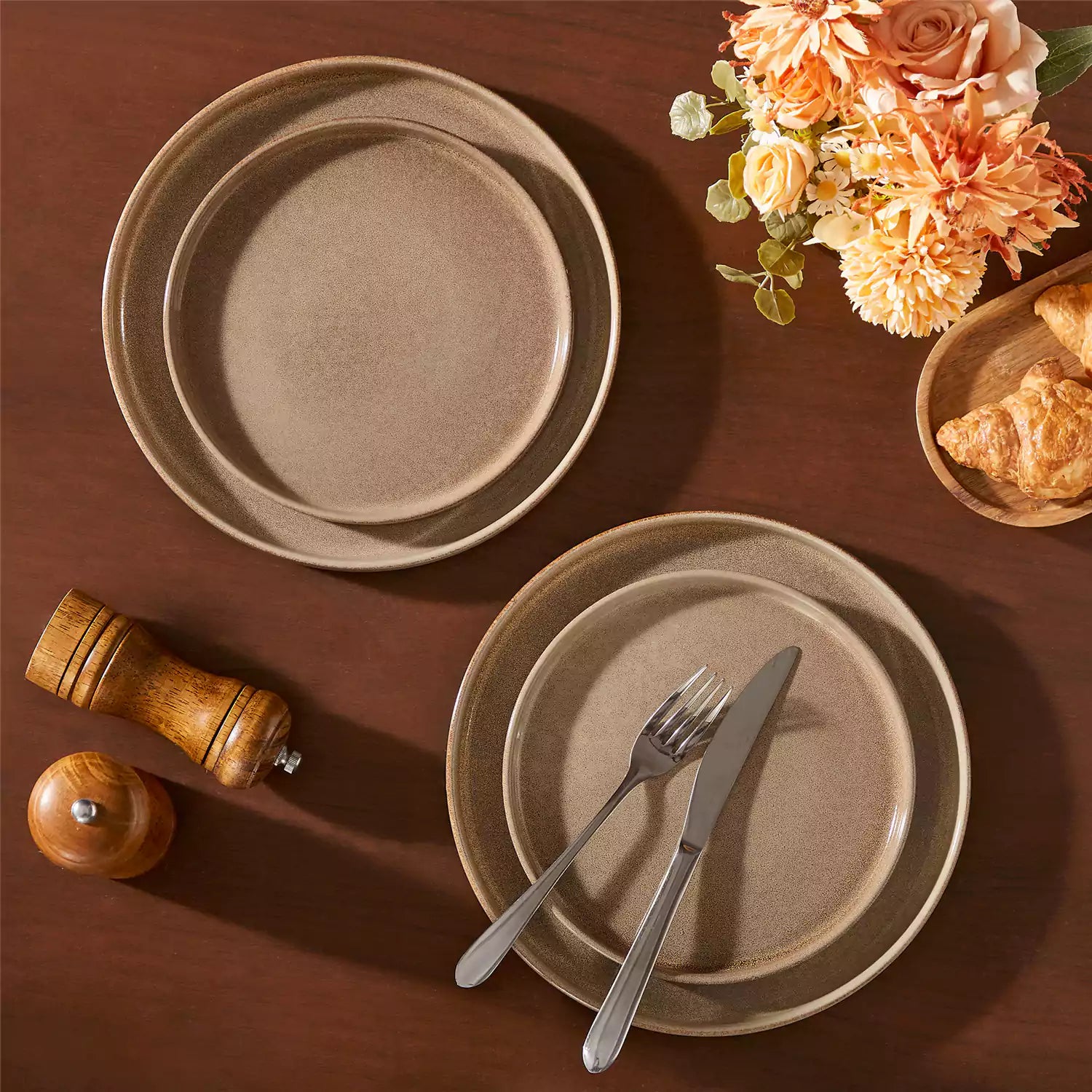 Anya 16 piece straight edge stoneware dinner set in caramel with pasta soup and pastries on a modern farmhouse table