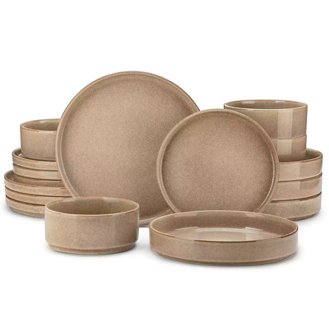 Anya 16 piece straight edge stoneware dinner set in caramel with pasta soup and pastries on a modern farmhouse table