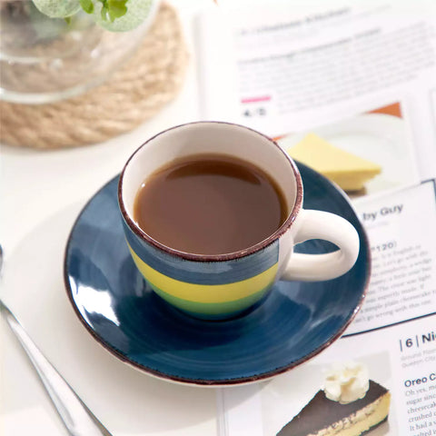 Colorful stoneware coffee cups and saucers set of 6 with vintage handmade charm, perfect for serving espresso or morning brews.