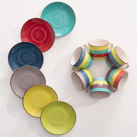 Colorful stoneware coffee cups and saucers set of 6 with vintage handmade charm, perfect for serving espresso or morning brews.