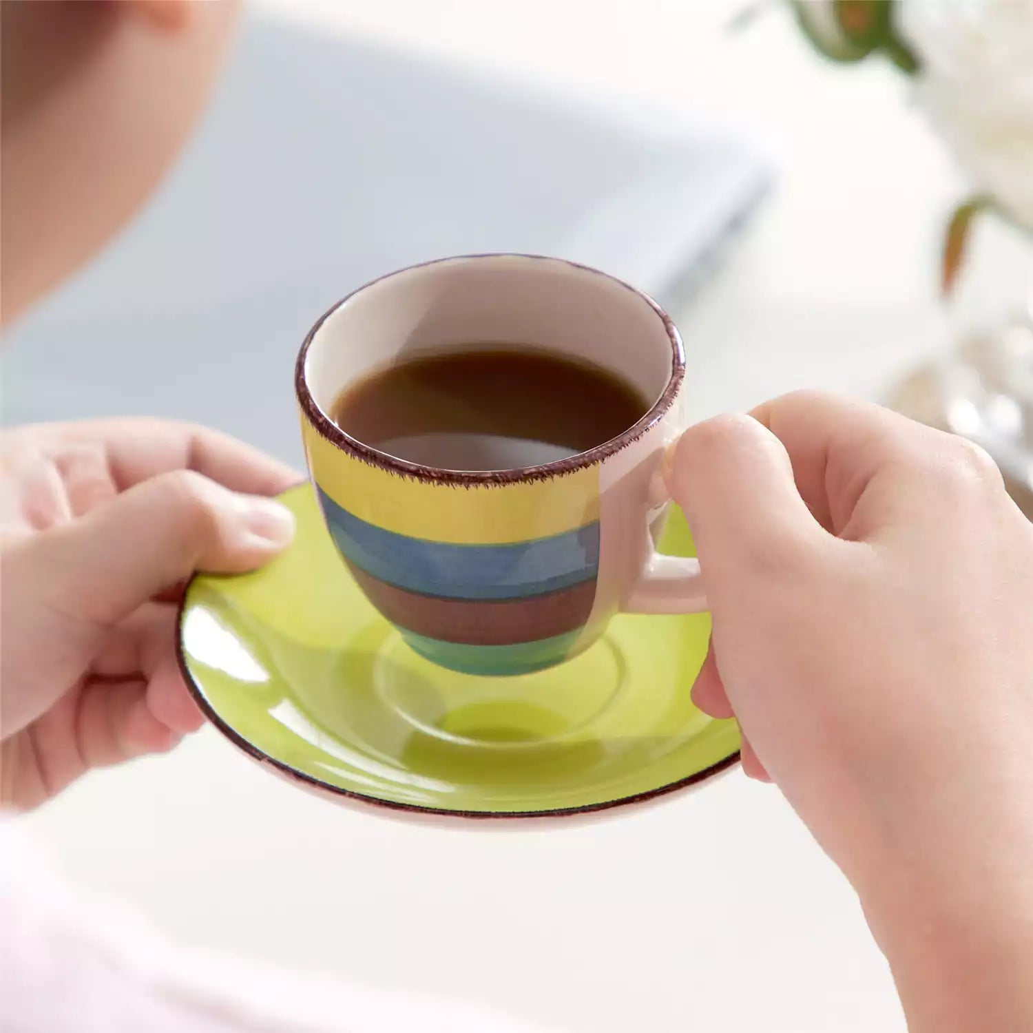 Colorful stoneware coffee cups and saucers set of 6 with vintage handmade charm, perfect for serving espresso or morning brews.