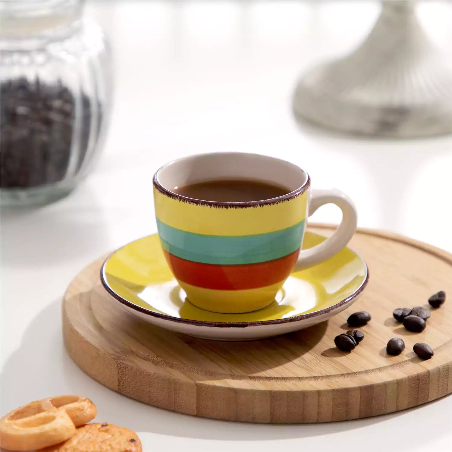 Colorful stoneware coffee cups and saucers set of 6 with vintage handmade charm, perfect for serving espresso or morning brews.
