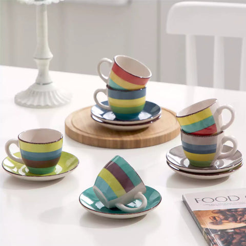 Colorful stoneware coffee cups and saucers set of 6 with vintage handmade charm, perfect for serving espresso or morning brews.