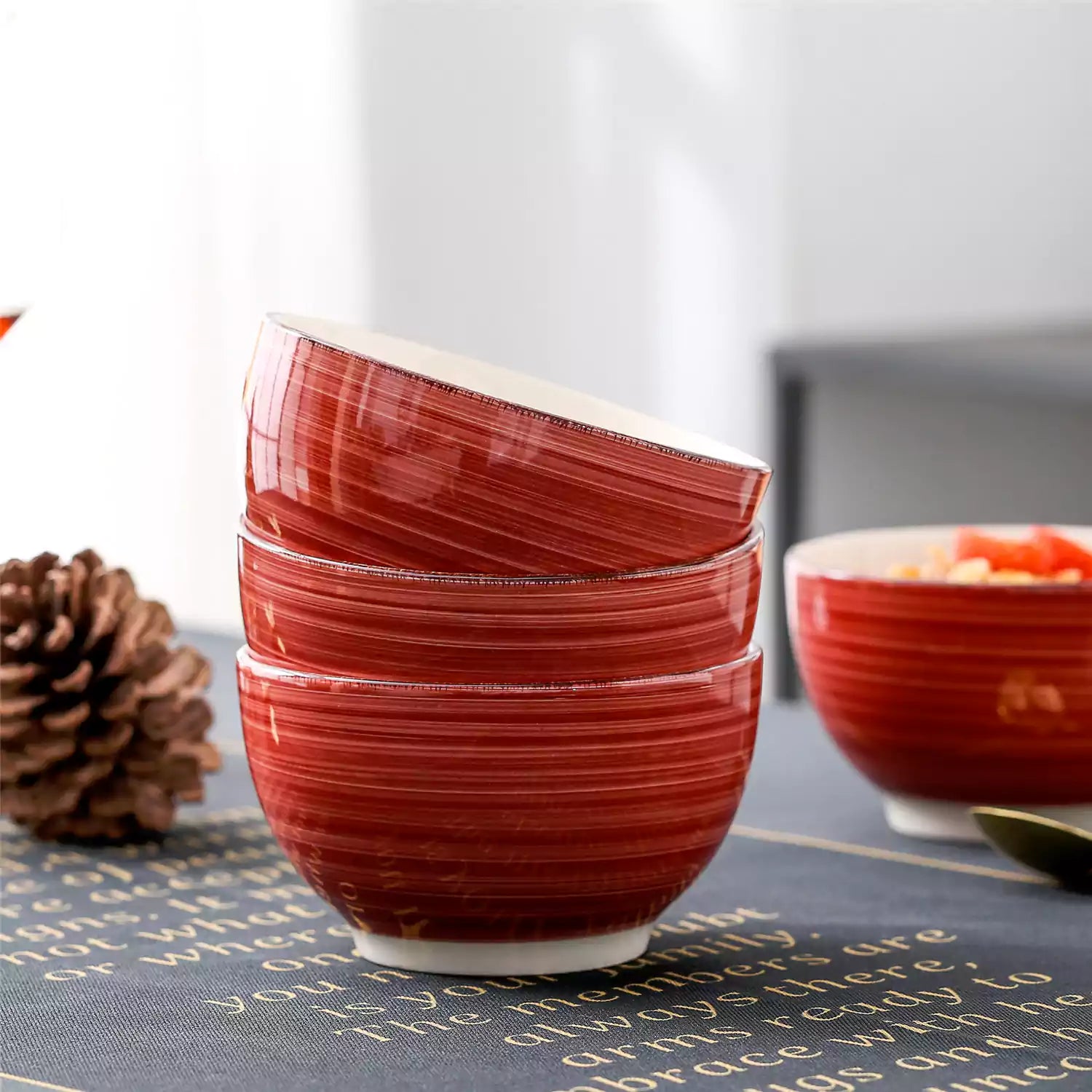 Bella Cereal Bowl Set of 4 in Red with spiral and speckled design - filled with fruit oatmeal - Red