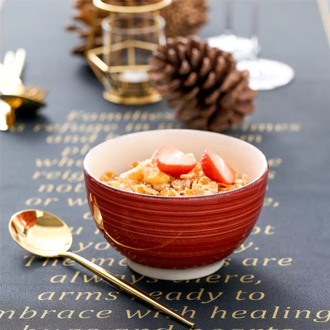 Bella Cereal Bowl Set of 4 in Red with spiral and speckled design - filled with fruit oatmeal - Red