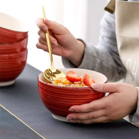Bella Cereal Bowl Set of 4 in Red with spiral and speckled design - filled with fruit oatmeal - Red