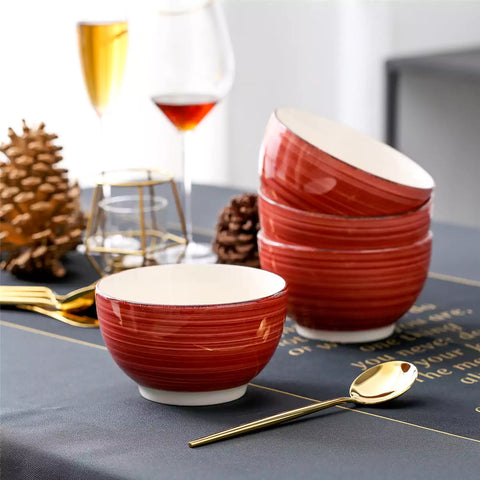 Bella Cereal Bowl Set of 4 in Red with spiral and speckled design - filled with fruit oatmeal - Red