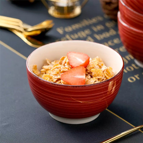 Bella Cereal Bowl Set of 4 in Red with spiral and speckled design - filled with fruit oatmeal - Red