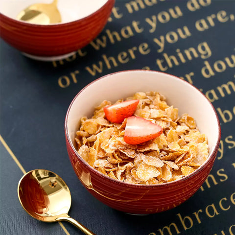 Bella Cereal Bowl Set of 4 in Red with spiral and speckled design - filled with fruit oatmeal - Red