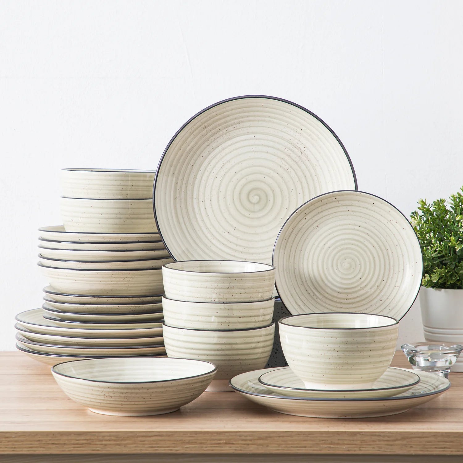 Bonbon 24-Piece Stoneware Dinnerware Set with Exquisite Dual-Sided Hand-Painted Beige Artwork and Redesigned Soup Plates-vancasso