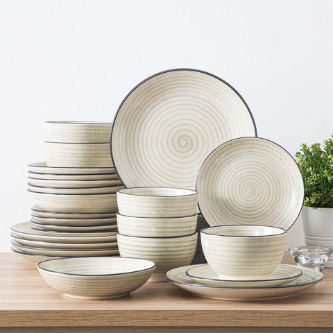 Bonbon 24-Piece Stoneware Dinnerware Set with Exquisite Dual-Sided Hand-Painted Beige Artwork and Redesigned Soup Plates-vancasso
