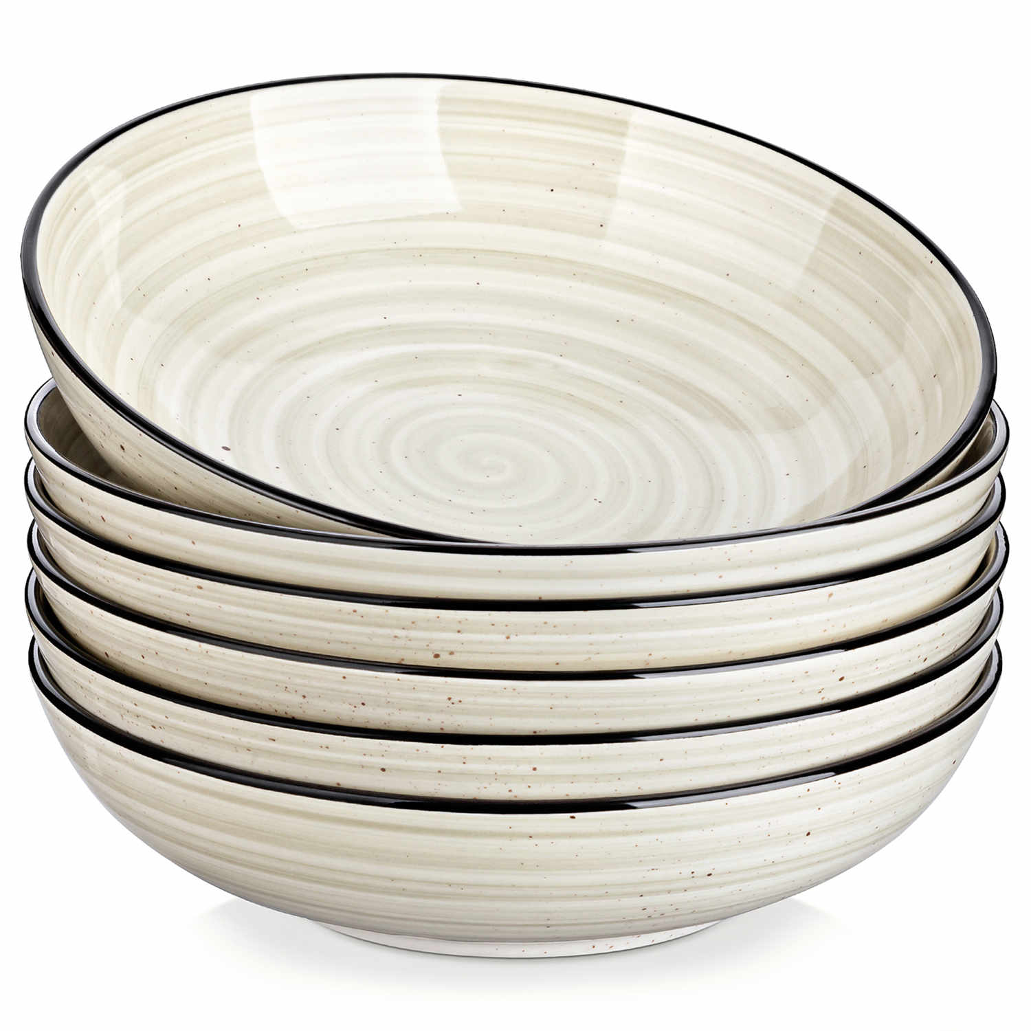 Bonbon double-sided stoneware pasta bowls in beige - artfully filled with pasta - fresh fruit salad - pumpkin soup - and oatmeal - exuding rustic charm on a white dining table