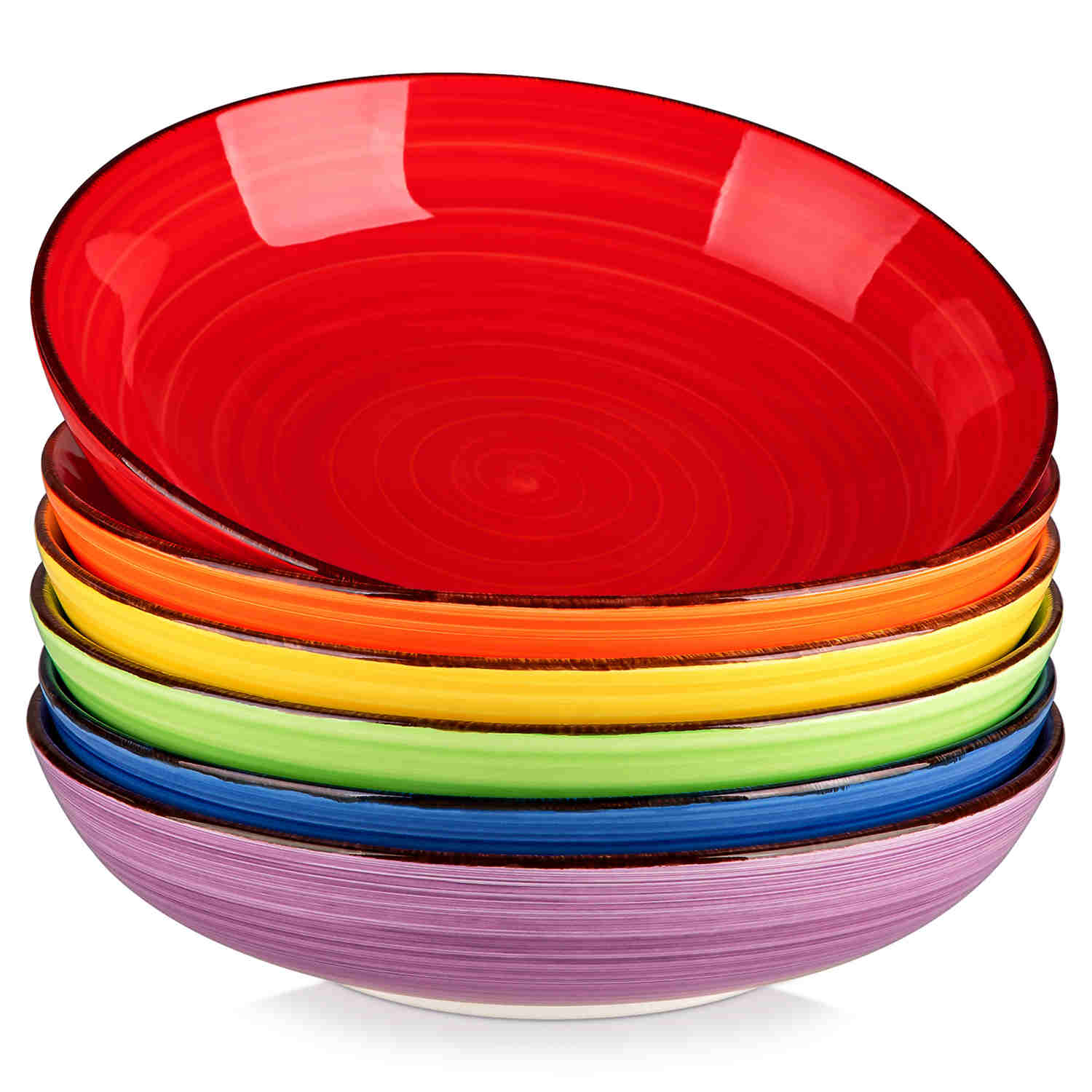 Multicolor Bonita large stoneware bowls set of 6 on a white table - each filled with pasta - pumpkin soup - and fruit salad - creating a bright and inviting table setting