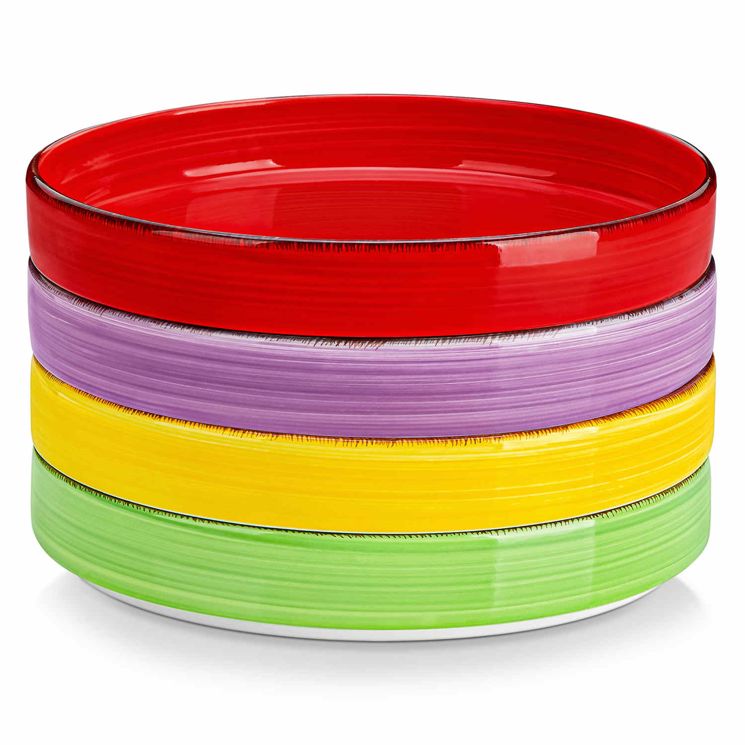 Bonita straight-edge pasta bowls set of 4 on a white table - filled with spaghetti - fruit salad - and mango - accompanied by a small honey jar - ibrant stoneware in rainbow blues
