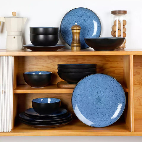 vancasso Bubble 16-Piece Dinnerware Set With Soup Bowls Featuring Glossy Reactive Glaze Bubble Patterns For A Modern Farmhouse Charm - Blue