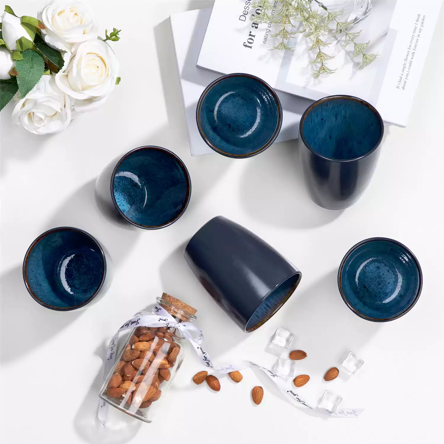Set of 6 bubble stoneware mugs in rich blue - green - and brown tones with reactive glaze and matte black exterior - ideal for coffee -  tea - or cozy mornings - Blue