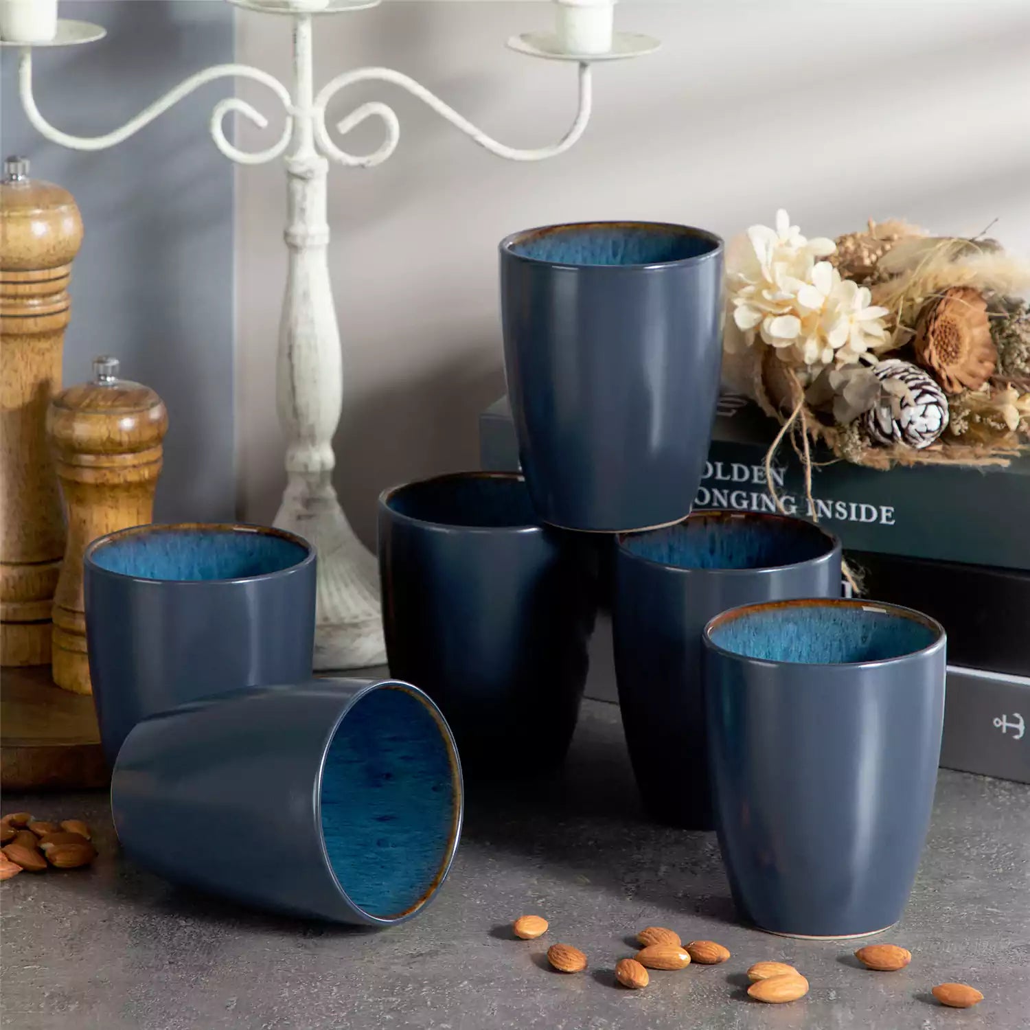 Set of 6 bubble stoneware mugs in rich blue - green - and brown tones with reactive glaze and matte black exterior - ideal for coffee -  tea - or cozy mornings - Blue