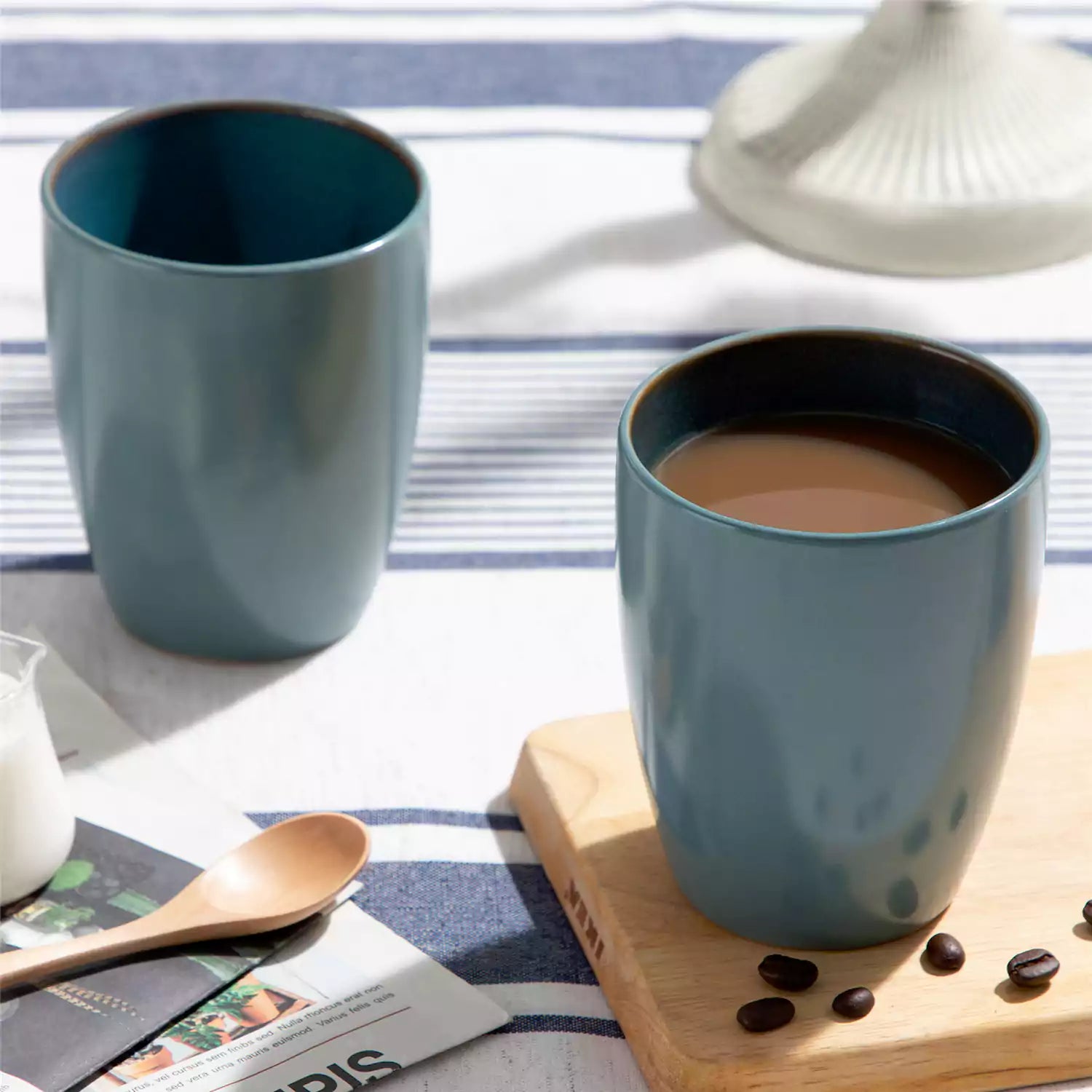 Set of 6 bubble stoneware mugs in rich blue - green - and brown tones with reactive glaze and matte black exterior - ideal for coffee -  tea - or cozy mornings - Green