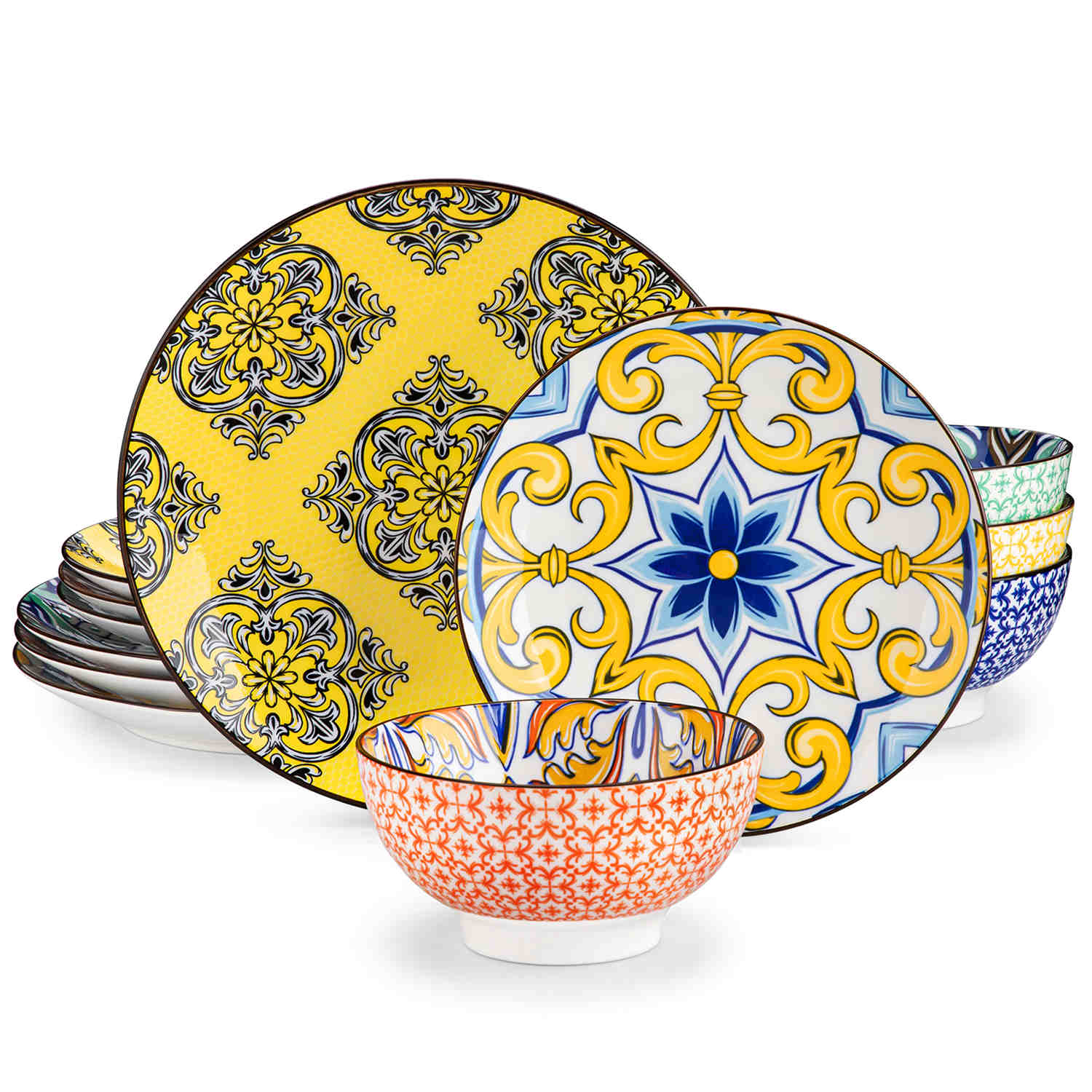 Boho Chic Jasmin 12 Piece Porcelain Round Dinnerware Set with Bowls-vancasso