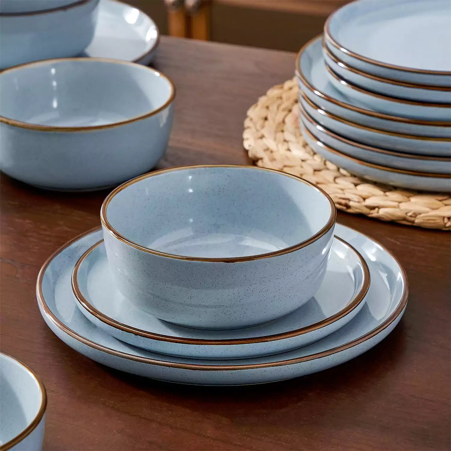 Loire 18-Piece Stoneware Dinnerware Set With Flat Shapes Speckled Glaze And Warm Brown Trim - Blue