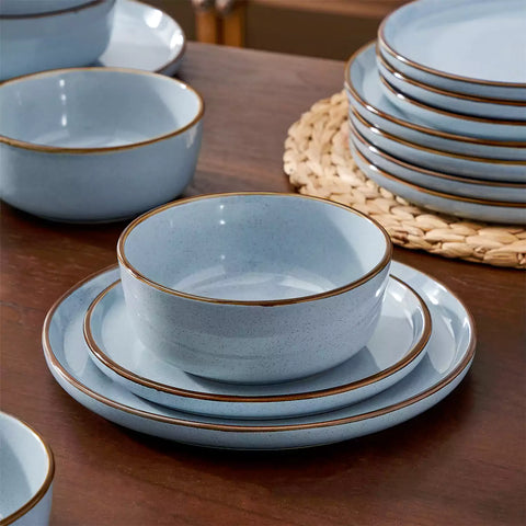 Loire 18-Piece Stoneware Dinnerware Set With Flat Shapes Speckled Glaze And Warm Brown Trim - Blue