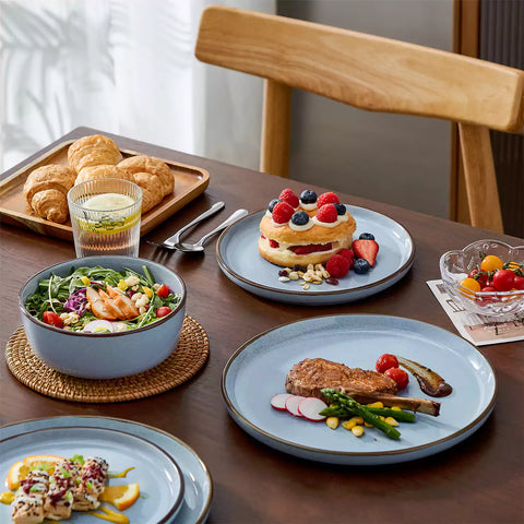 Loire 18-Piece Stoneware Dinnerware Set With Flat Shapes Speckled Glaze And Warm Brown Trim - Blue