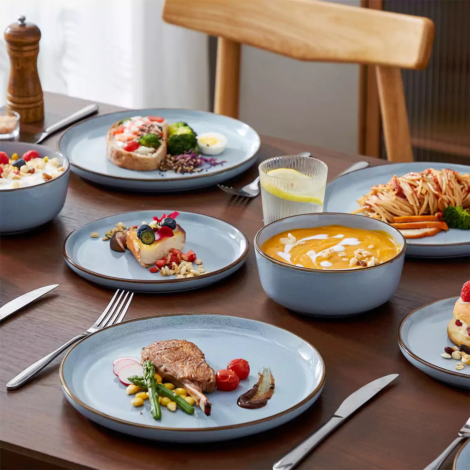 Loire 18-Piece Stoneware Dinnerware Set With Flat Shapes Speckled Glaze And Warm Brown Trim - Blue